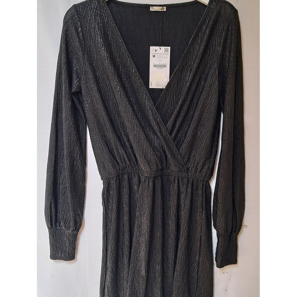 Zara Metallic Wrap V-Neck Dress Long Sleeve Black Shimmer Medium NWT‎
